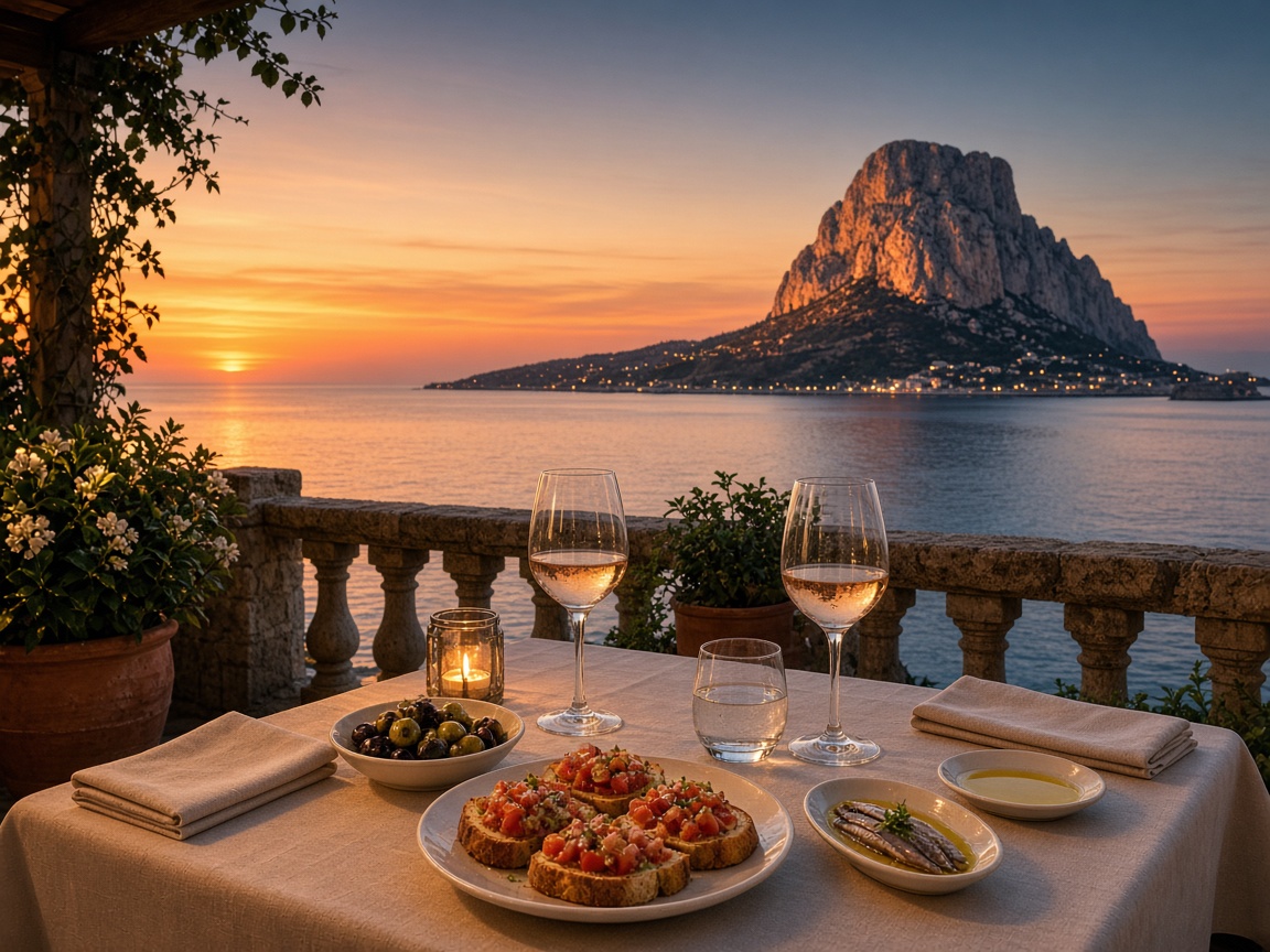 Terrasse gastronomique au coucher du soleil &agrave; Calpe